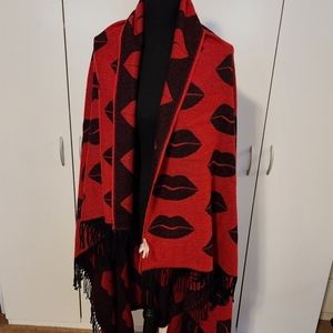 Victoria's Secret Throw Blanket 50"x60" Red Black Lips Fringe Light Weight